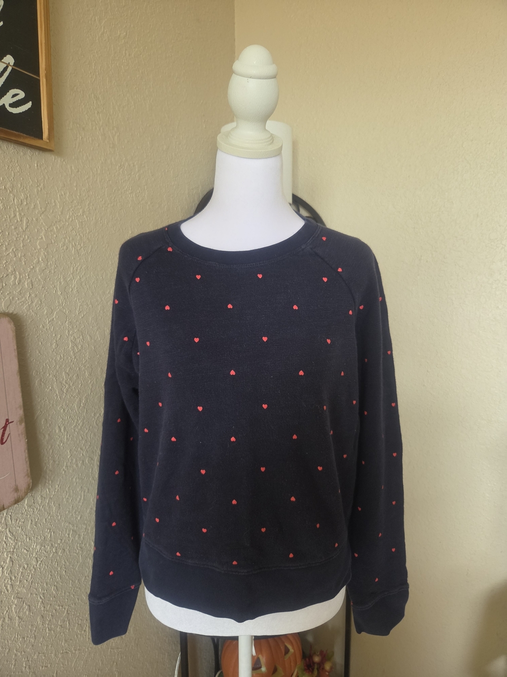 J. Crew Navy Crewneck Sweater with Small Red Heart Motif